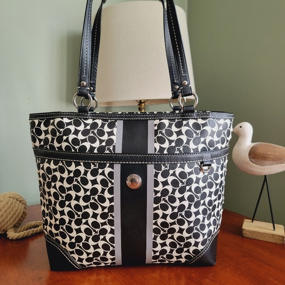 Coach F15137 Chelsea Heritage Stripe Signature Black White Coated Canvas Tote - Picture 1 of 14